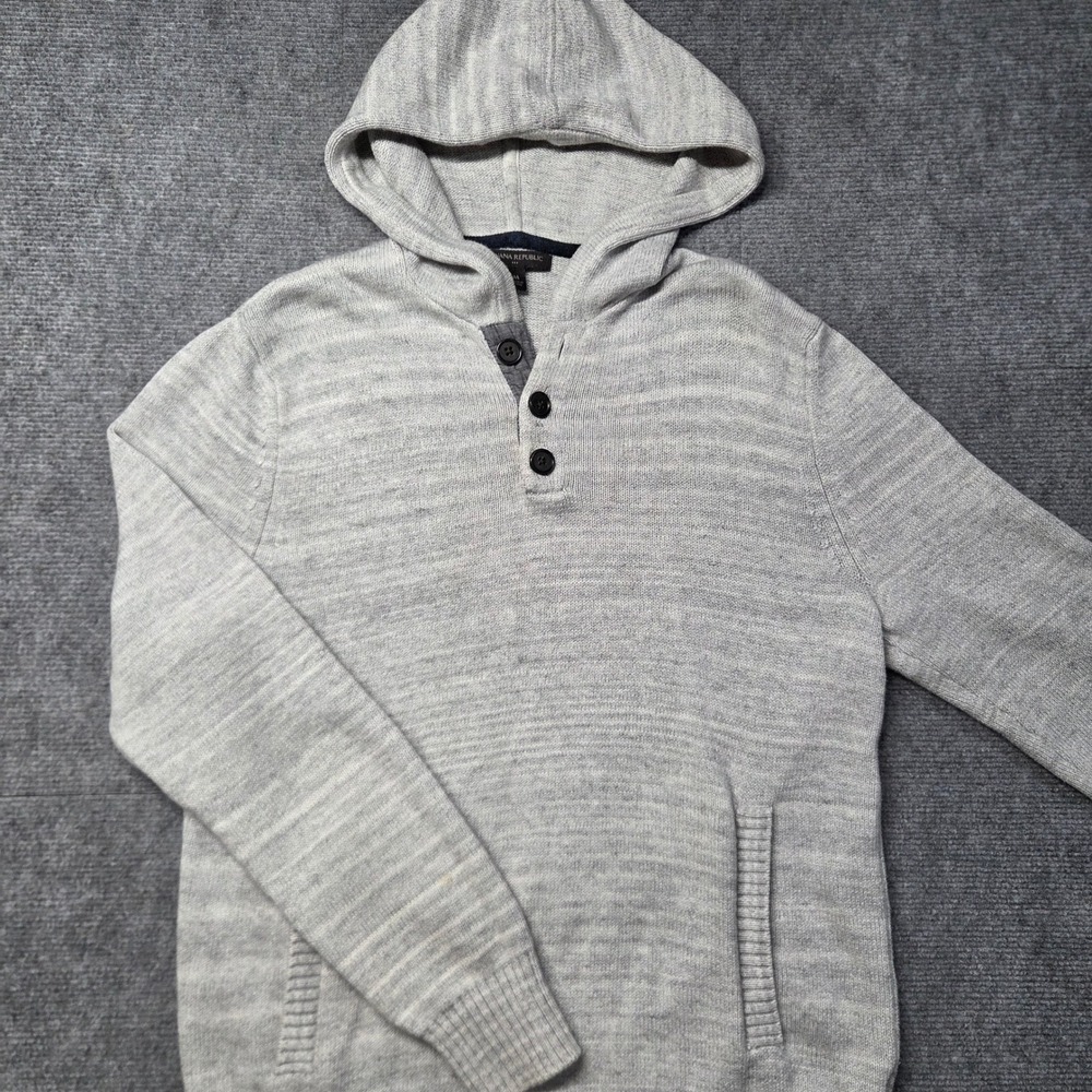 Banana Republic Mens Gray Cotton Knit Henley Hoodie Sweater Size M Pocketed